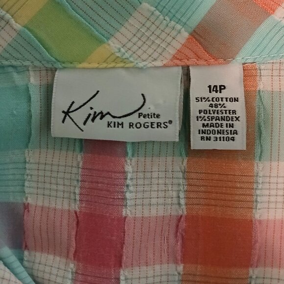 Pastels Mix Textured Plaid Cotton Blend Button Down 3/4 Sleeve Blouse Sz 14P - Picture 3 of 7